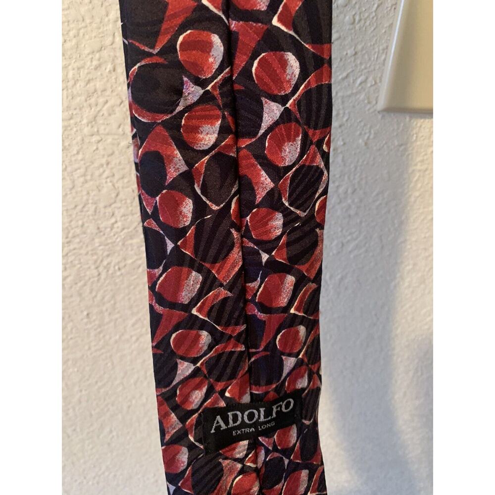 Adolfo 100% Silk Art Deco Extra Long Tie, Red, White, Burgundy 66" Shapes